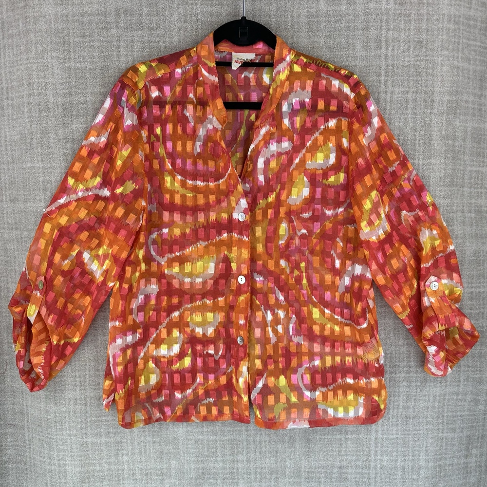 Ruby Rd. Blouse Womens Size 12 Orange Tunic V-Neck 3/4 Roll Tab Sheer Chiffon